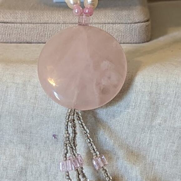 Pink Quartz, Potato Pearls, and Glass Bead Tassel Necklace - Picture 4 of 13